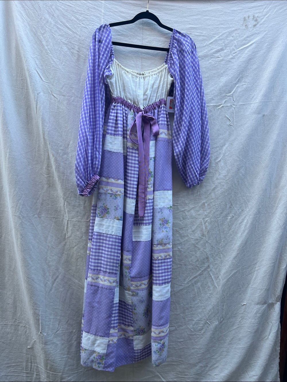 Boho Lavender Patchwork Maxi Dress with Puff Sleeves